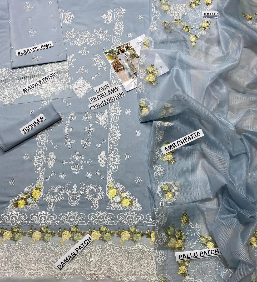 3 Pcs Grey Chikankari Lawn Suit for Eid Party Wear