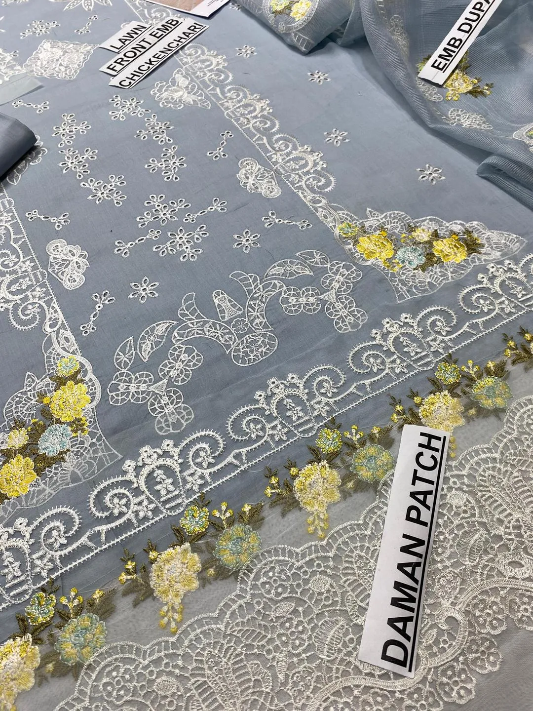 3 Pcs Grey Chikankari Lawn Suit for Eid Party Wear