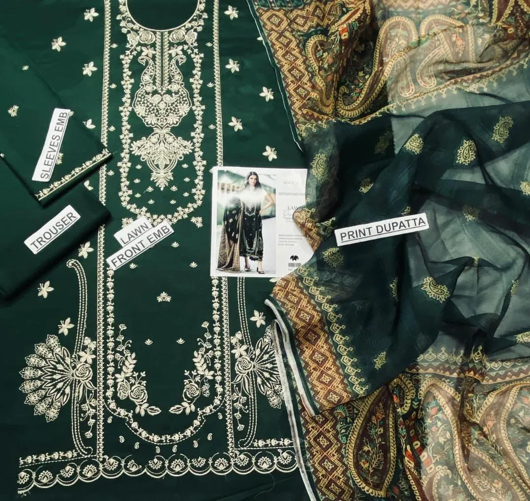 Green Embroidered 3-Piece Lawn Suit for Women