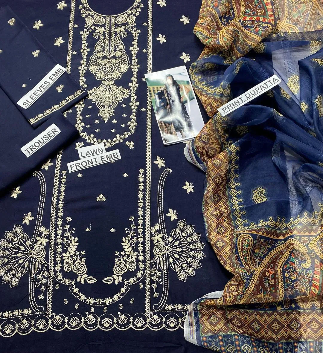 3-Piece Embroidered Lawn Suit Blue for Women