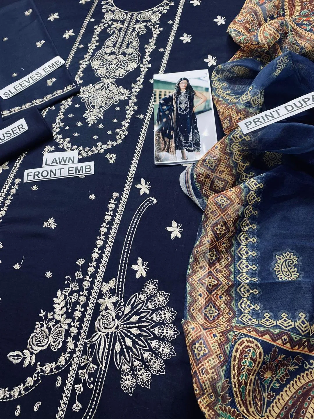 3-Piece Embroidered Lawn Suit Blue for Women