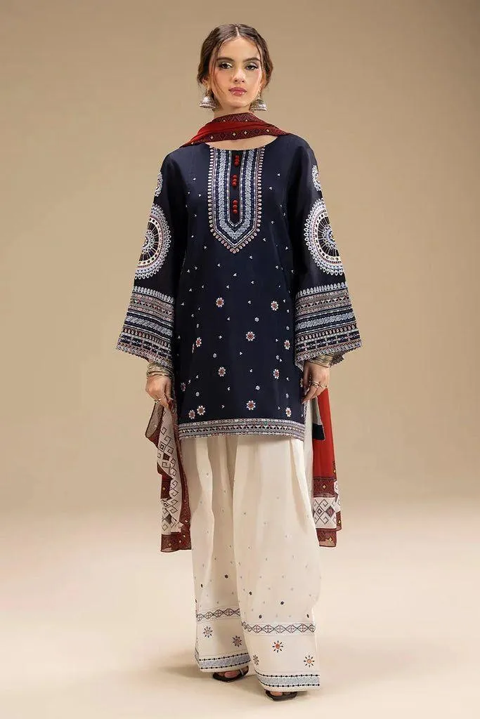 Unstitched 3-Piece Embroidered Lawn Suit Blue Cream