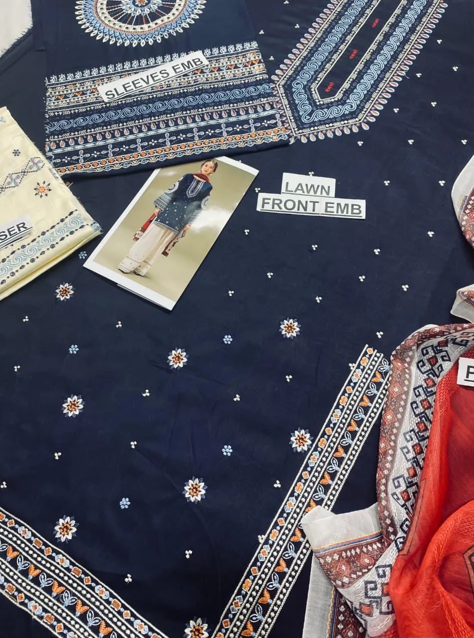 Unstitched 3-Piece Embroidered Lawn Suit Blue Cream