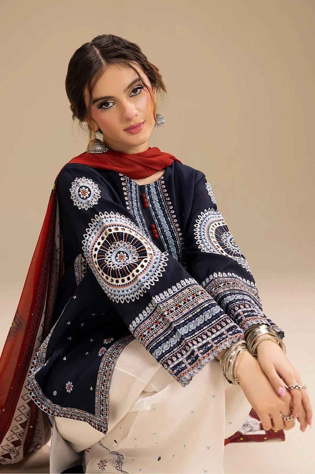 Unstitched 3-Piece Embroidered Lawn Suit Blue Cream