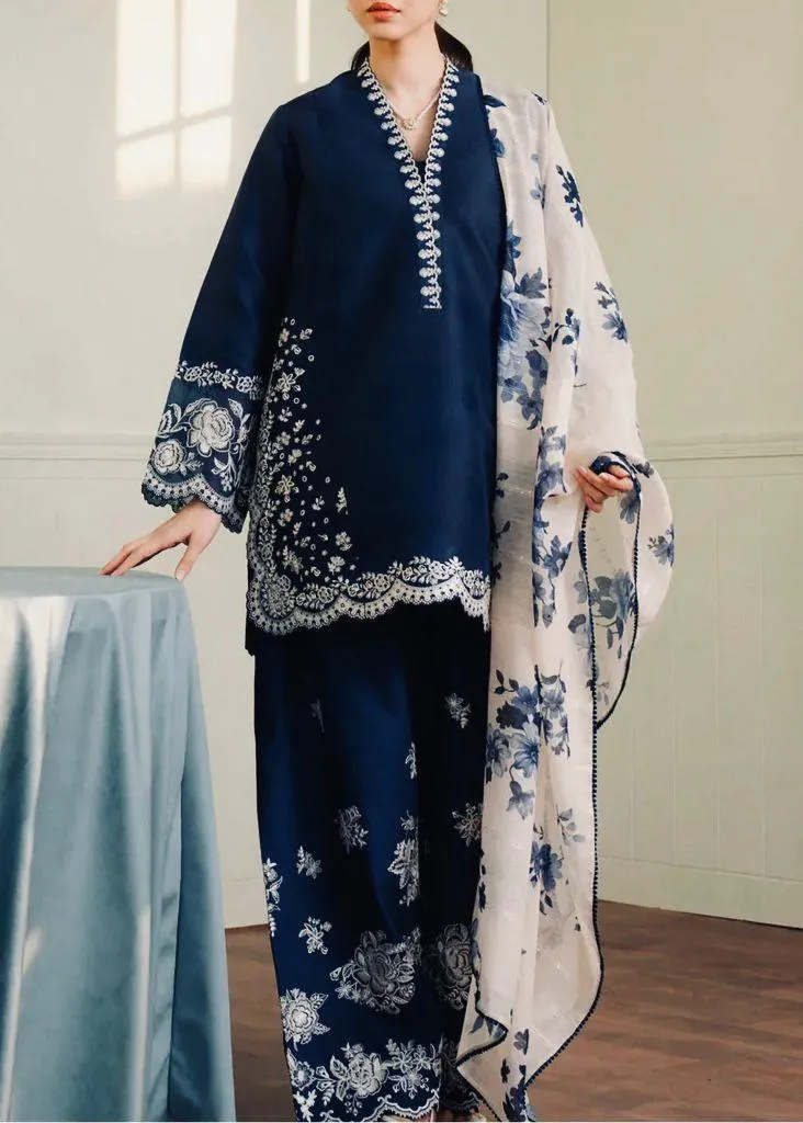 3-Piece Embroidered Lawn Suit Navy Blue with Floral Dupatta