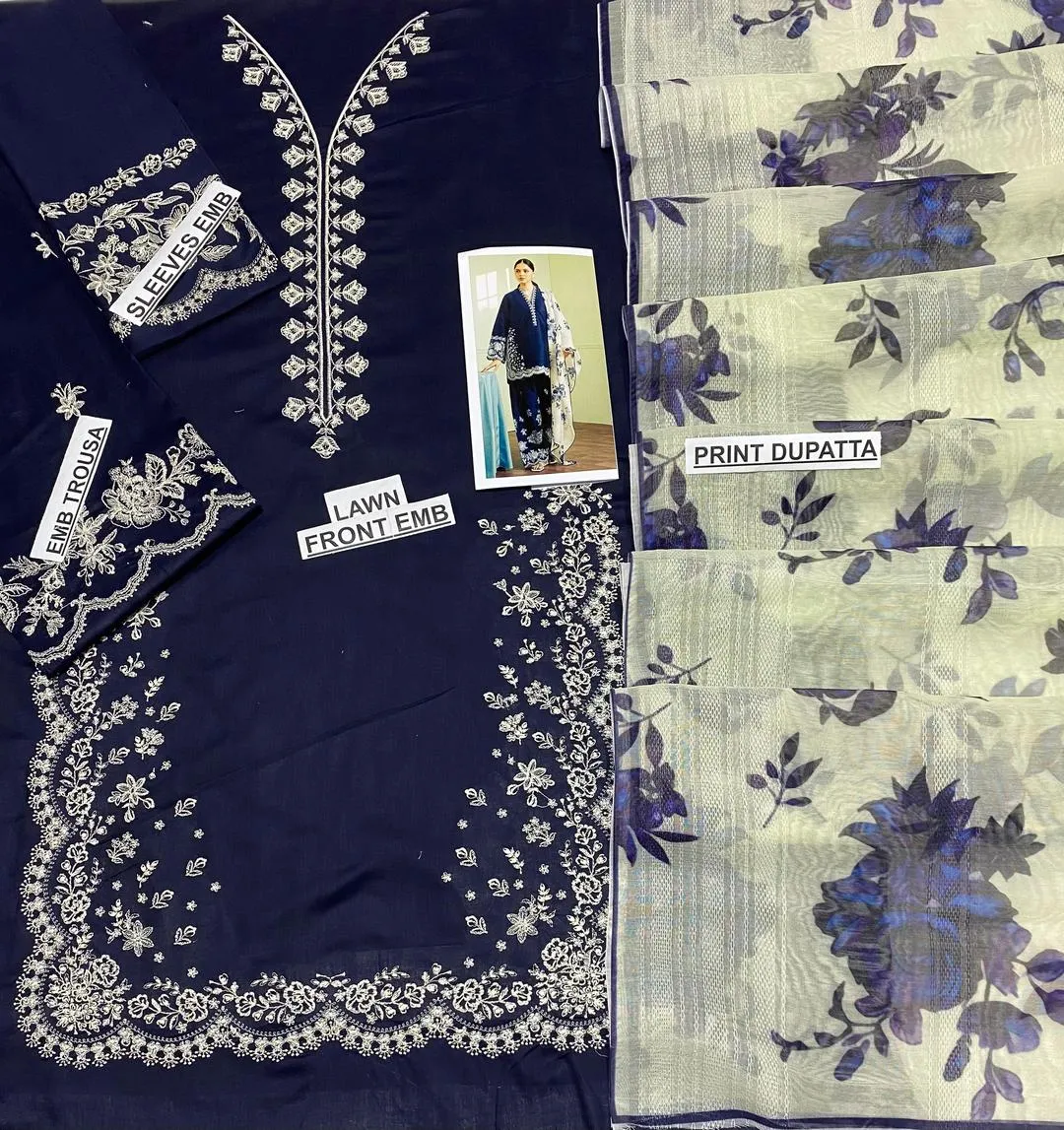 3-Piece Embroidered Lawn Suit Navy Blue with Floral Dupatta