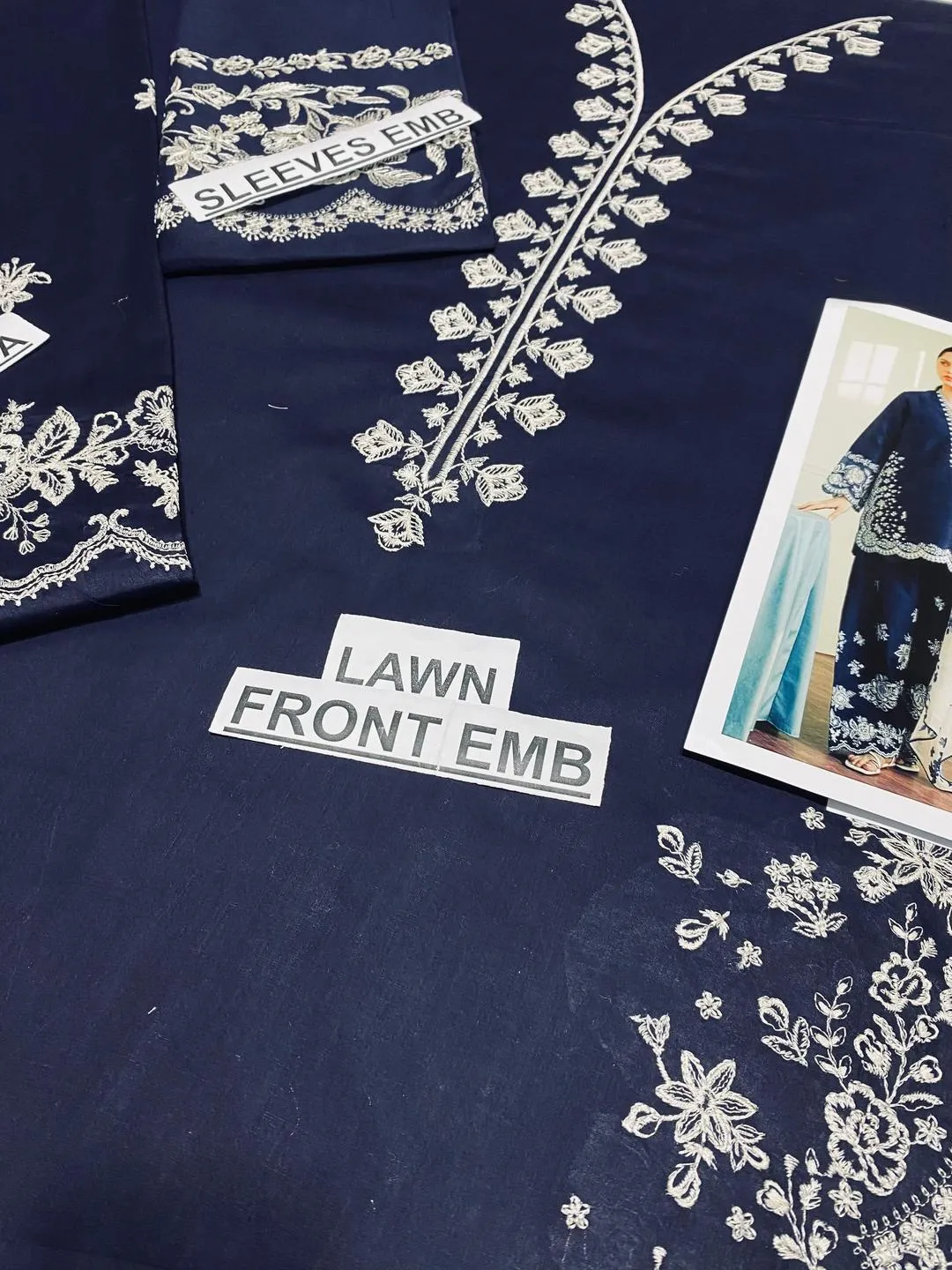3-Piece Embroidered Lawn Suit Navy Blue with Floral Dupatta