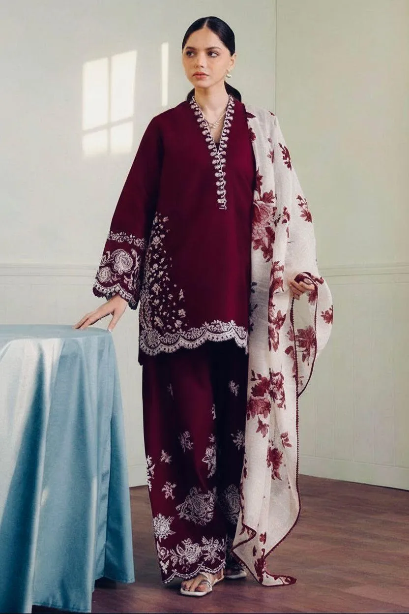 Maroon Embroidered 3-Piece Lawn Suit for Eid & Weddings