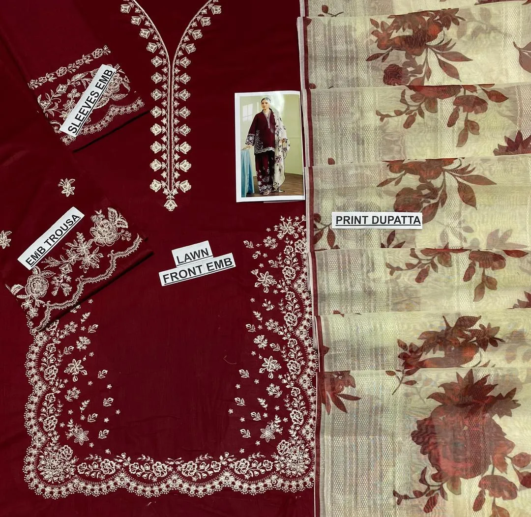 Maroon Embroidered 3-Piece Lawn Suit for Eid & Weddings