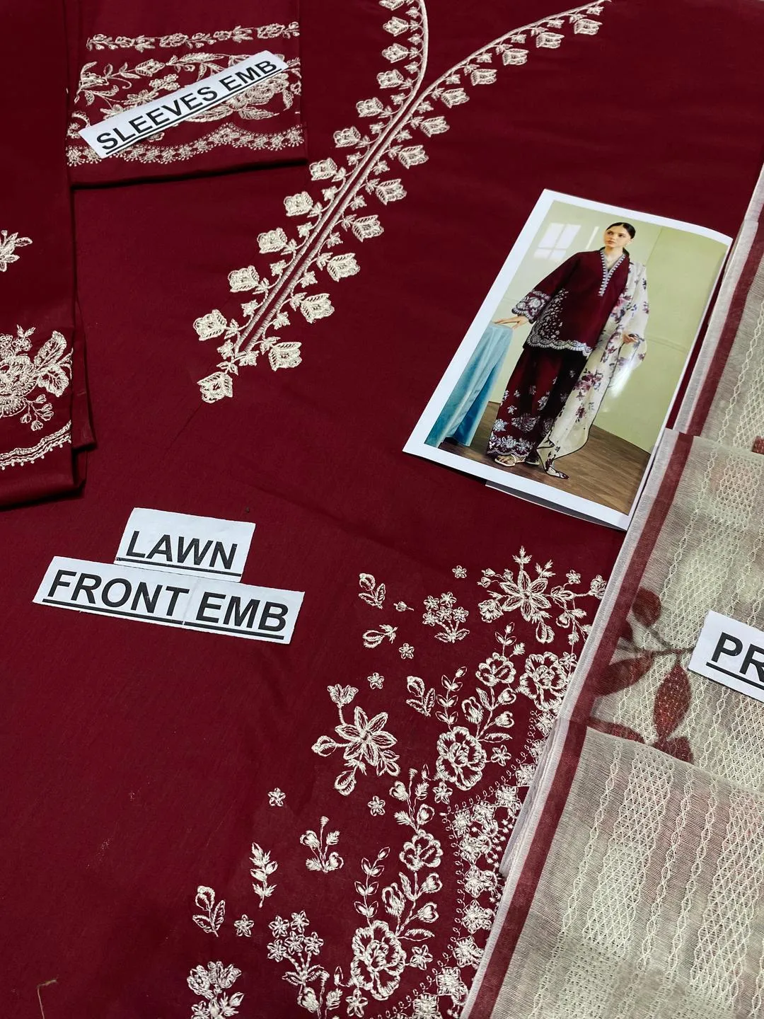 Maroon Embroidered 3-Piece Lawn Suit for Eid & Weddings