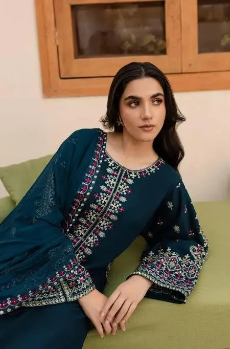 3-Piece Embroidered Lawn Suit Deep Blue for Eid & Weddings