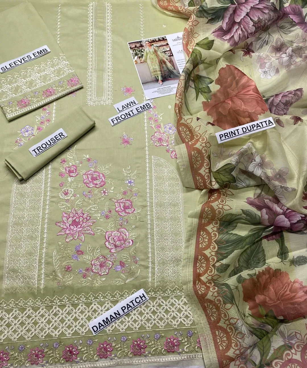 Unstitched 3-Piece Lawn Suit Green Floral Embroidery