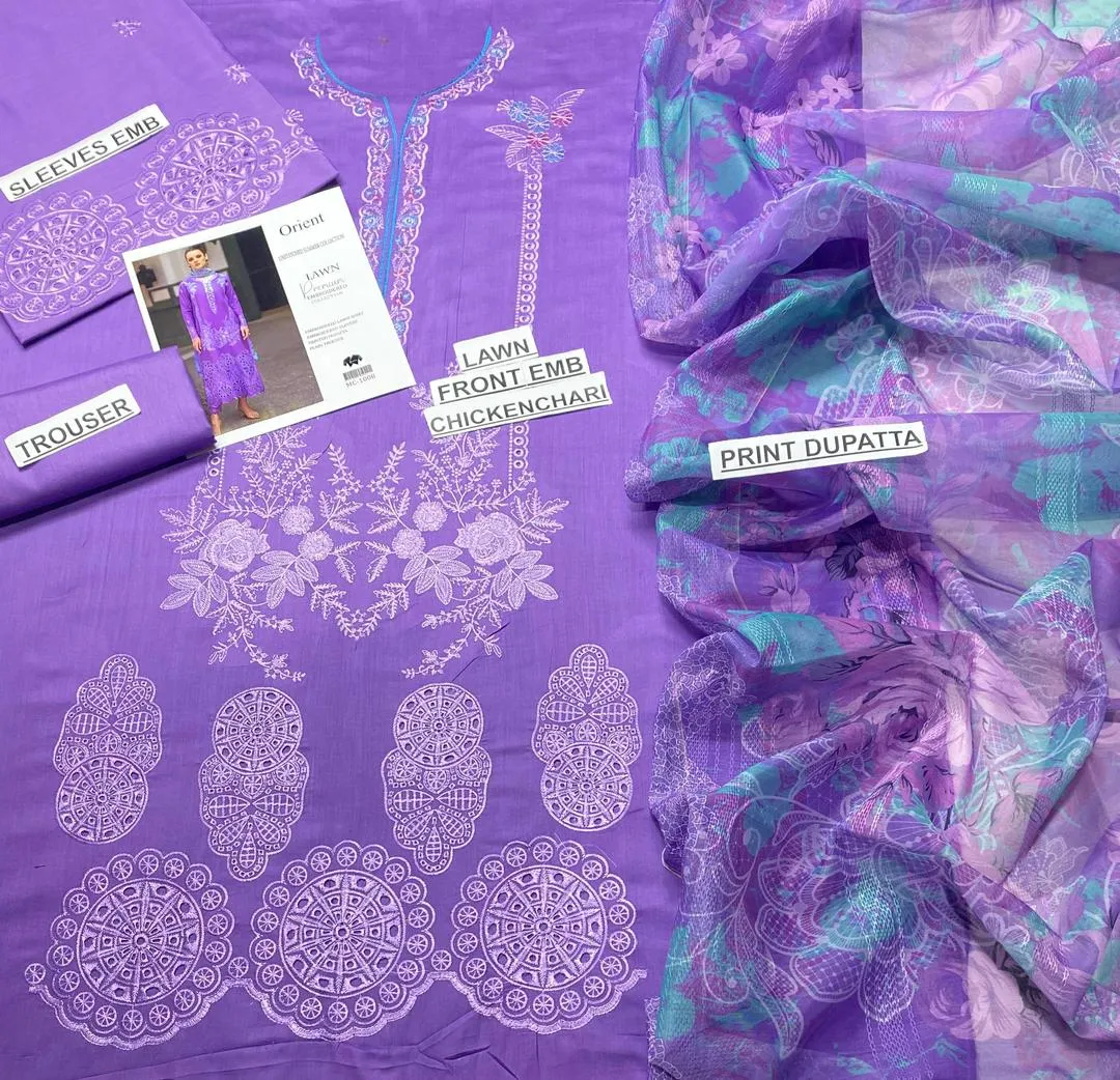 Unstitched Lawn Suit Purple Embroidered with Printed Dupatta