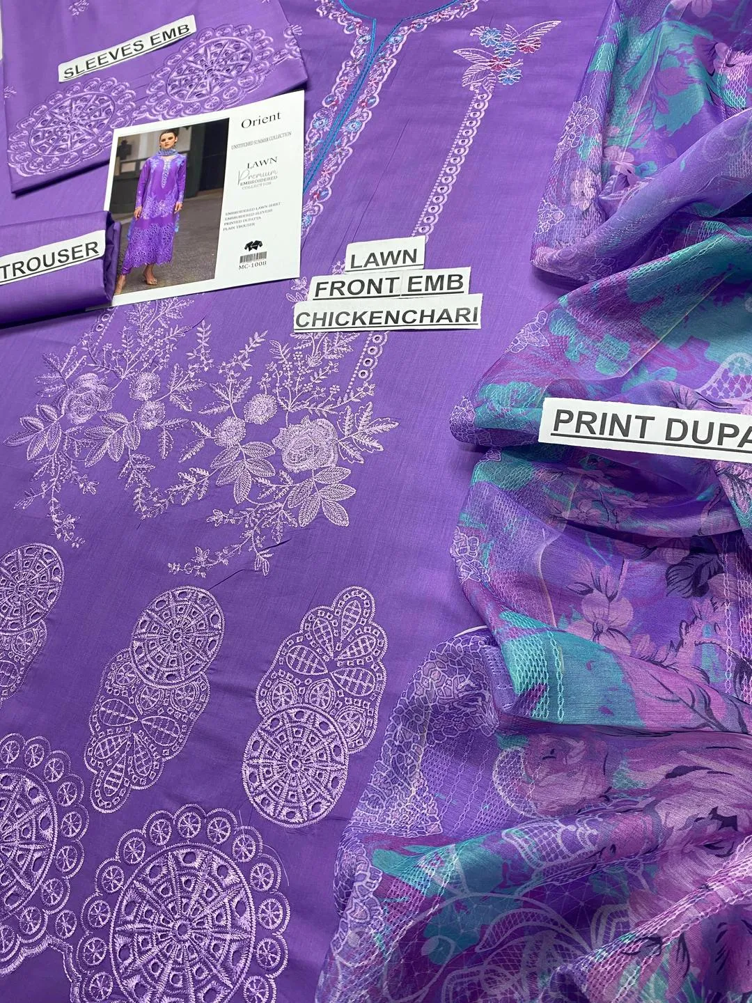 Unstitched Lawn Suit Purple Embroidered with Printed Dupatta