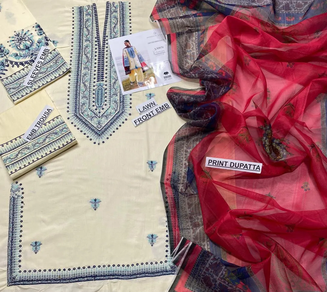 3-Piece Embroidered Lawn Suit Blue Red for Eid Wedding