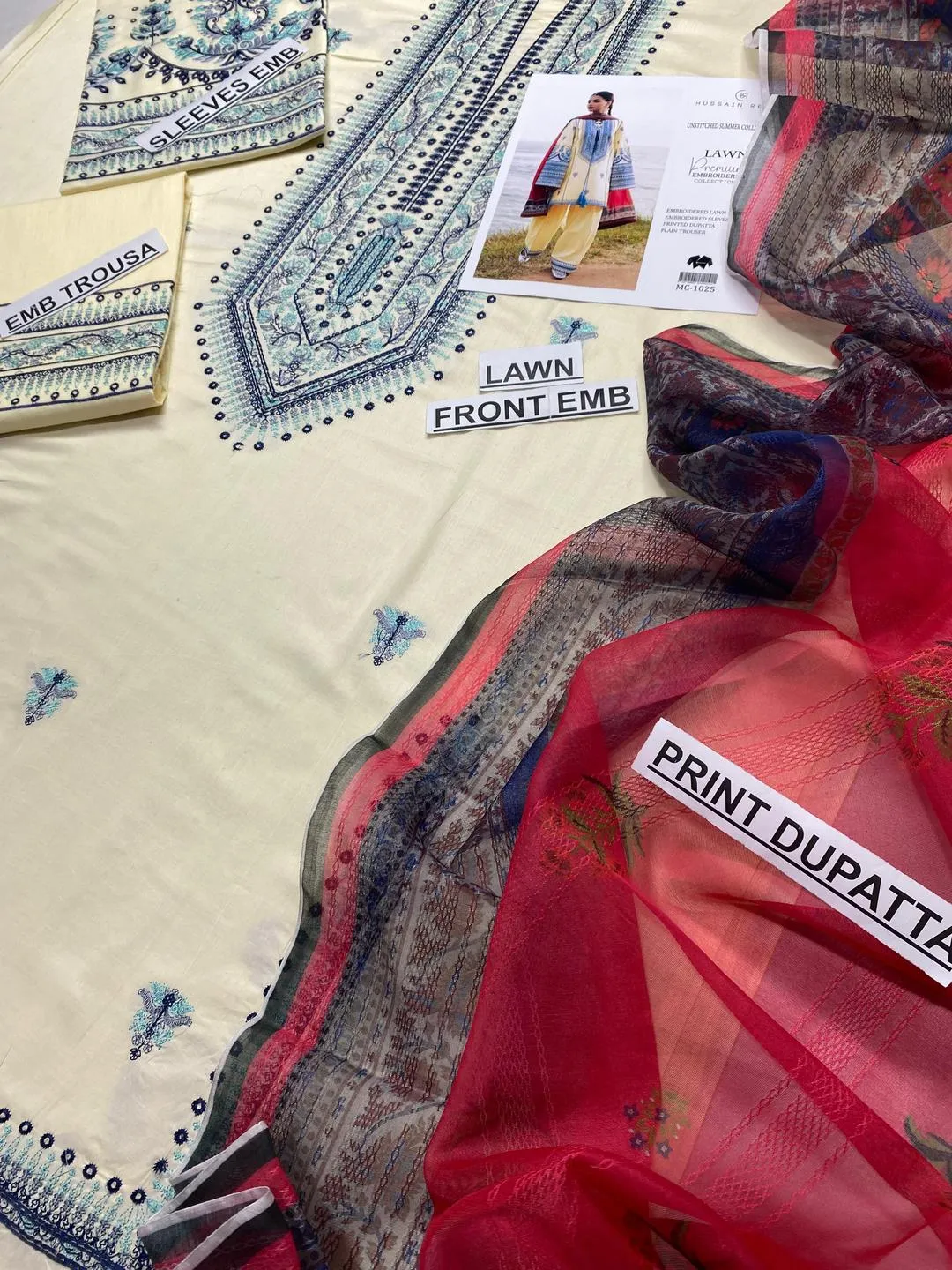 3-Piece Embroidered Lawn Suit Blue Red for Eid Wedding