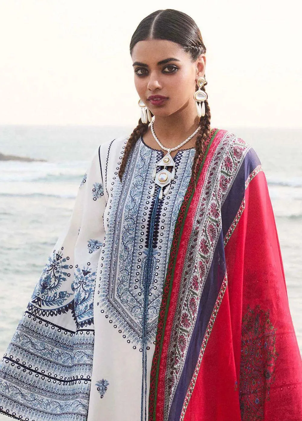 3-Piece Embroidered Lawn Suit Blue Red for Eid Wedding