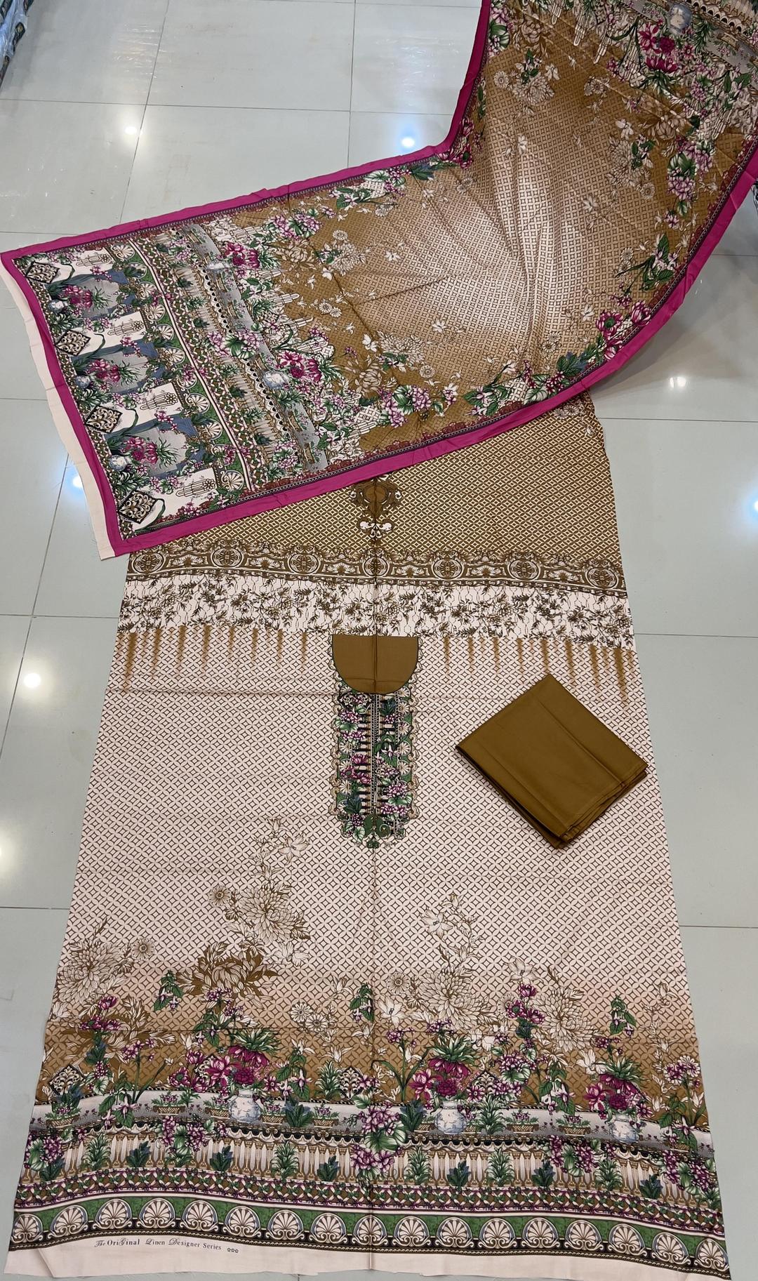 3 Pcs Women's Unstitched Linen Printed Suit