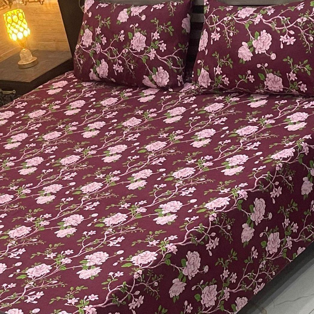 3 Pcs Crystal Cotton Printed Double Bedsheet