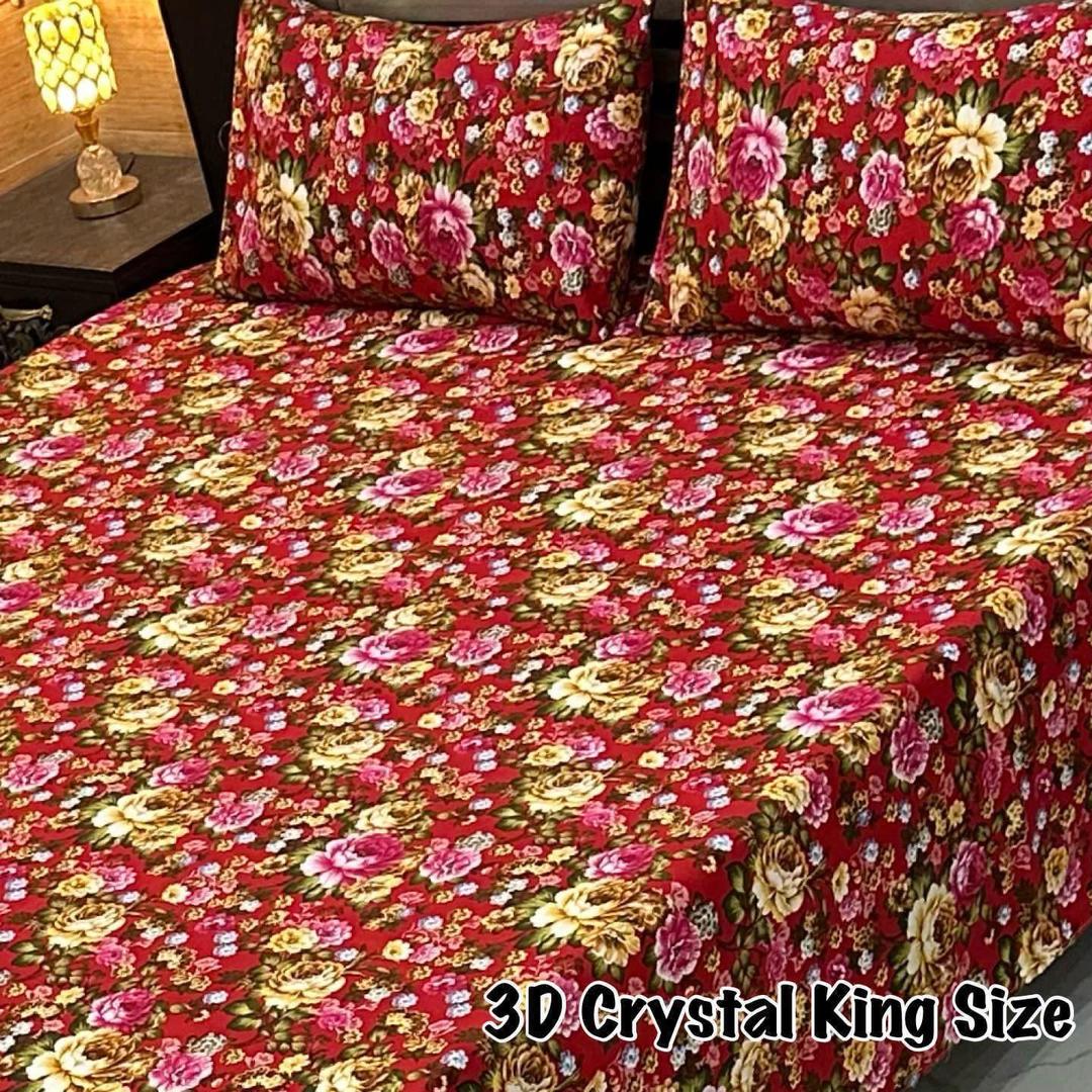 3 Pcs Crystal Cotton Printed Double Bedsheet