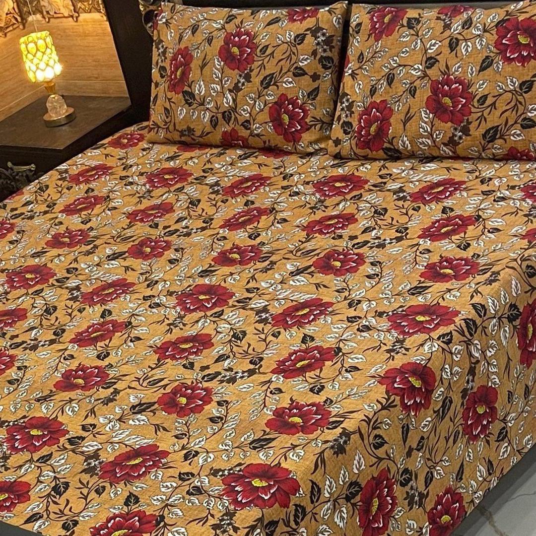 3 Pcs Crystal Cotton Printed Double Bedsheet