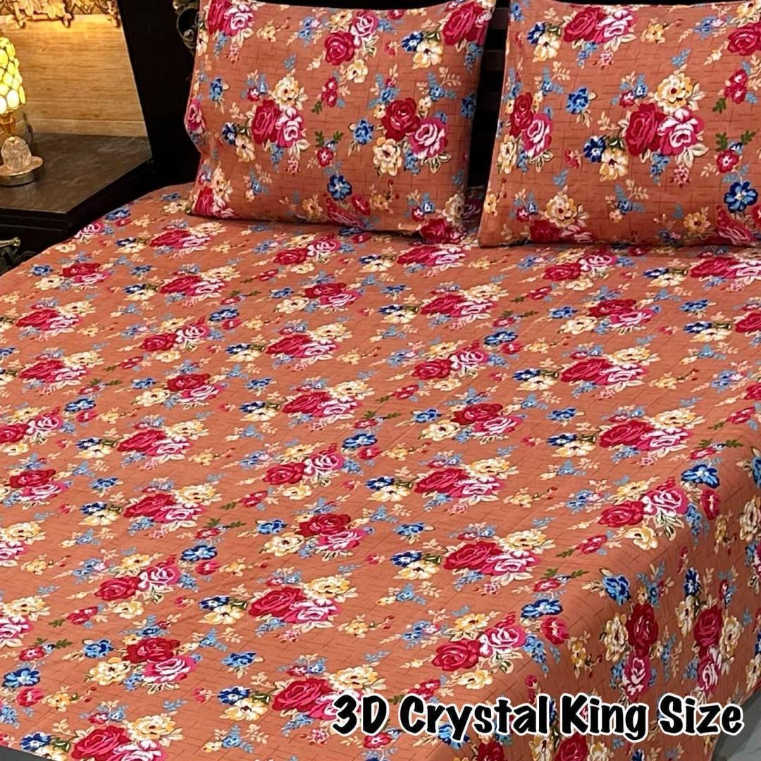 3 Pcs Crystal Cotton Printed Double Bedsheet