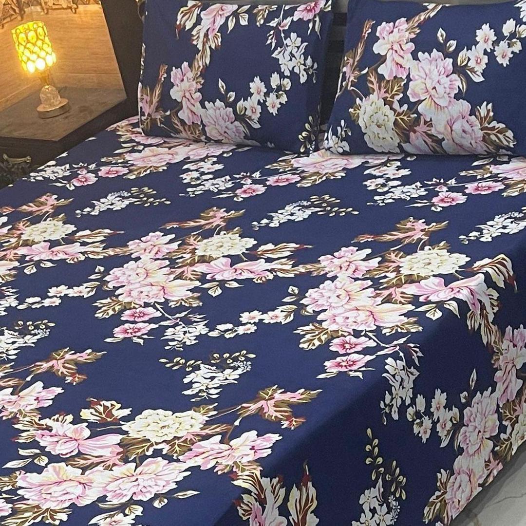 3 Pcs Crystal Cotton Printed Double Bedsheet