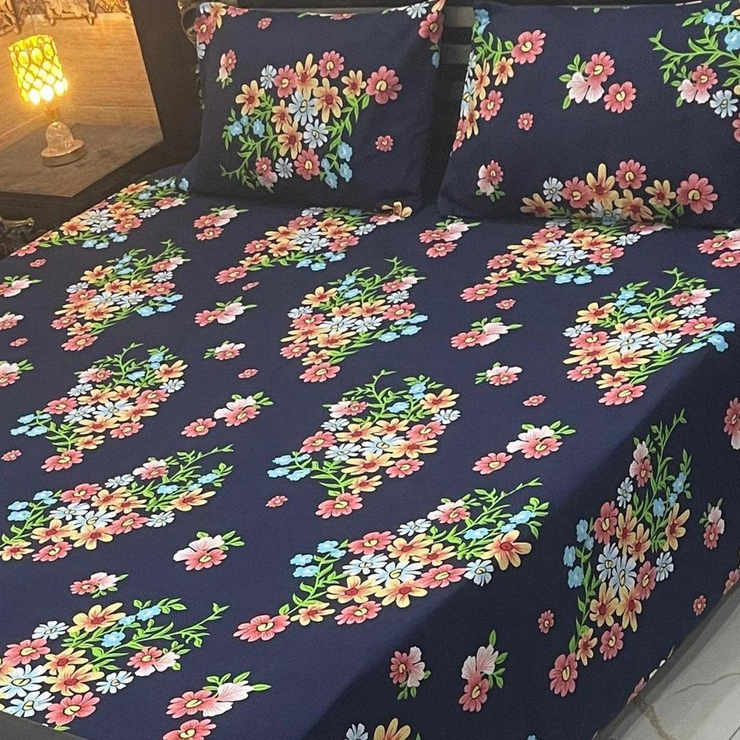 3 Pcs Crystal Cotton Printed Double Bedsheet