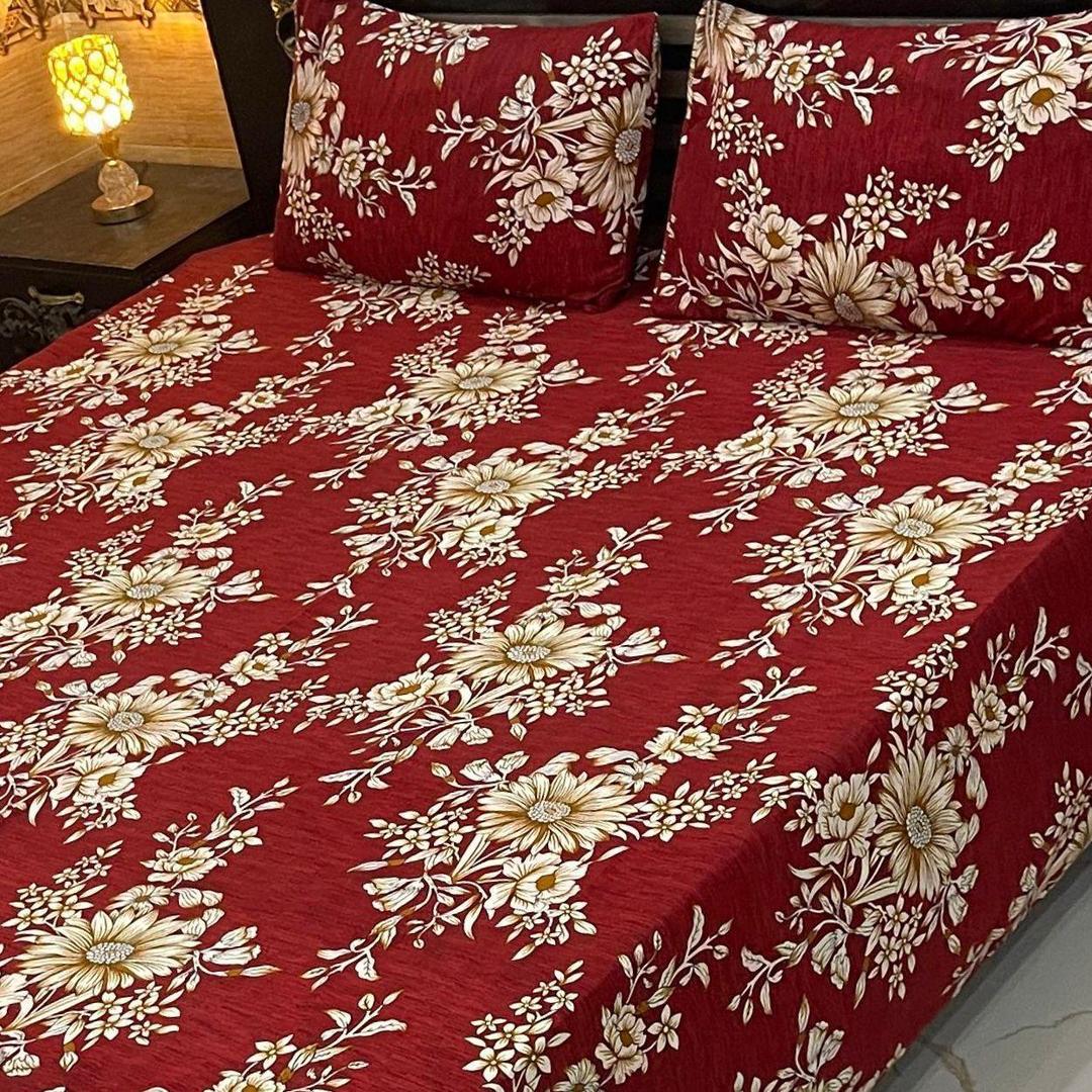 3 Pcs Crystal Cotton Printed Double Bedsheet