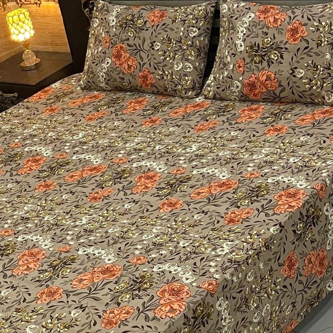 3 Pcs Crystal Cotton Printed Double Bedsheet