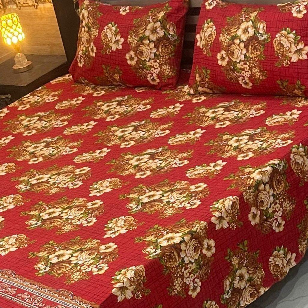 3 Pcs Crystal Cotton Printed Double Bedsheet