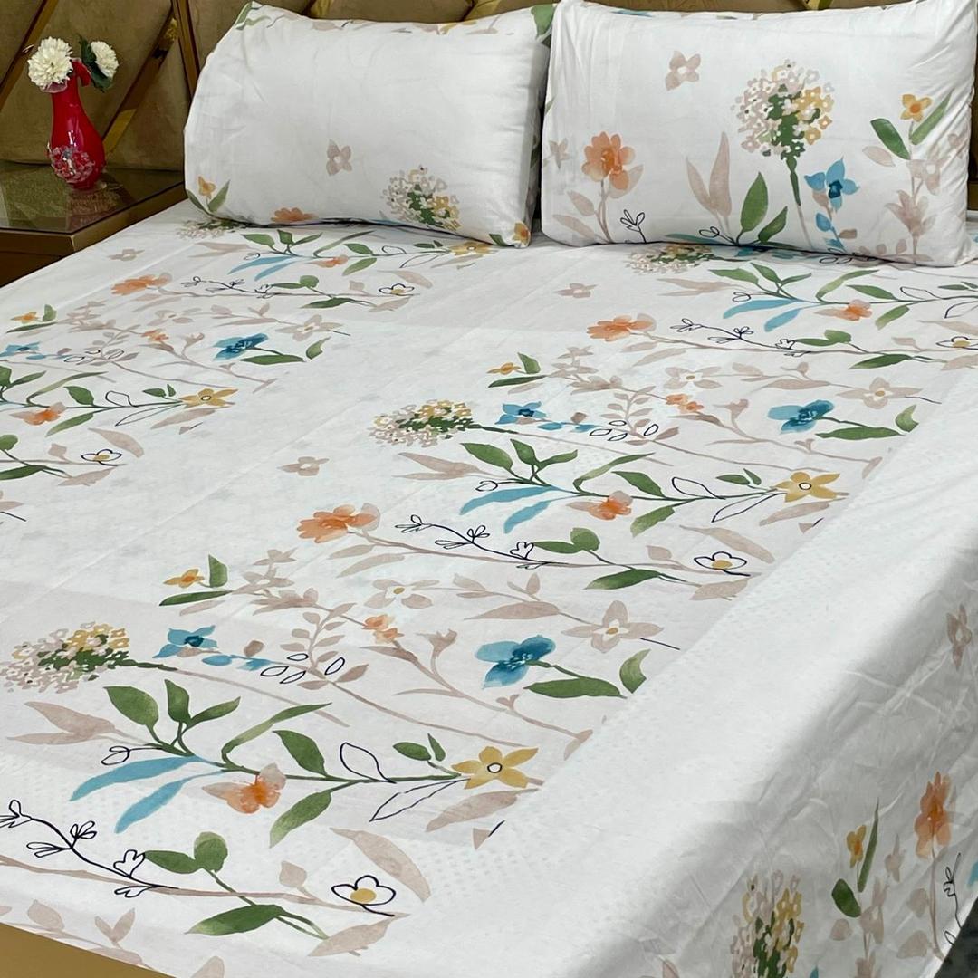 3 Pcs Cotton Printed Double Bedsheet