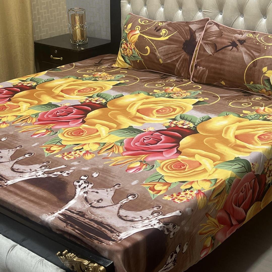 3 Pcs Crystal Cotton Printed Double Bedsheet