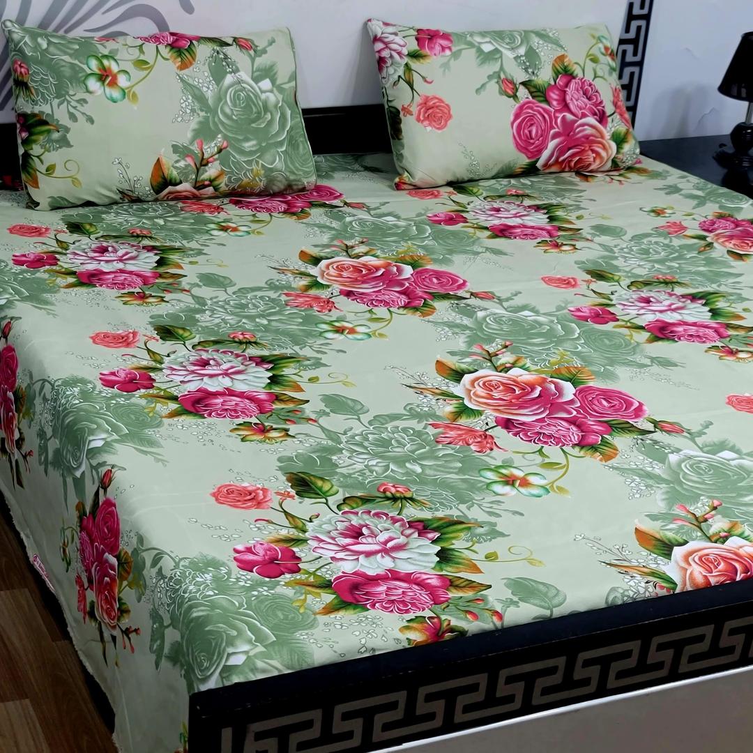 3 Pcs Crystal Cotton Printed Double Bedsheet