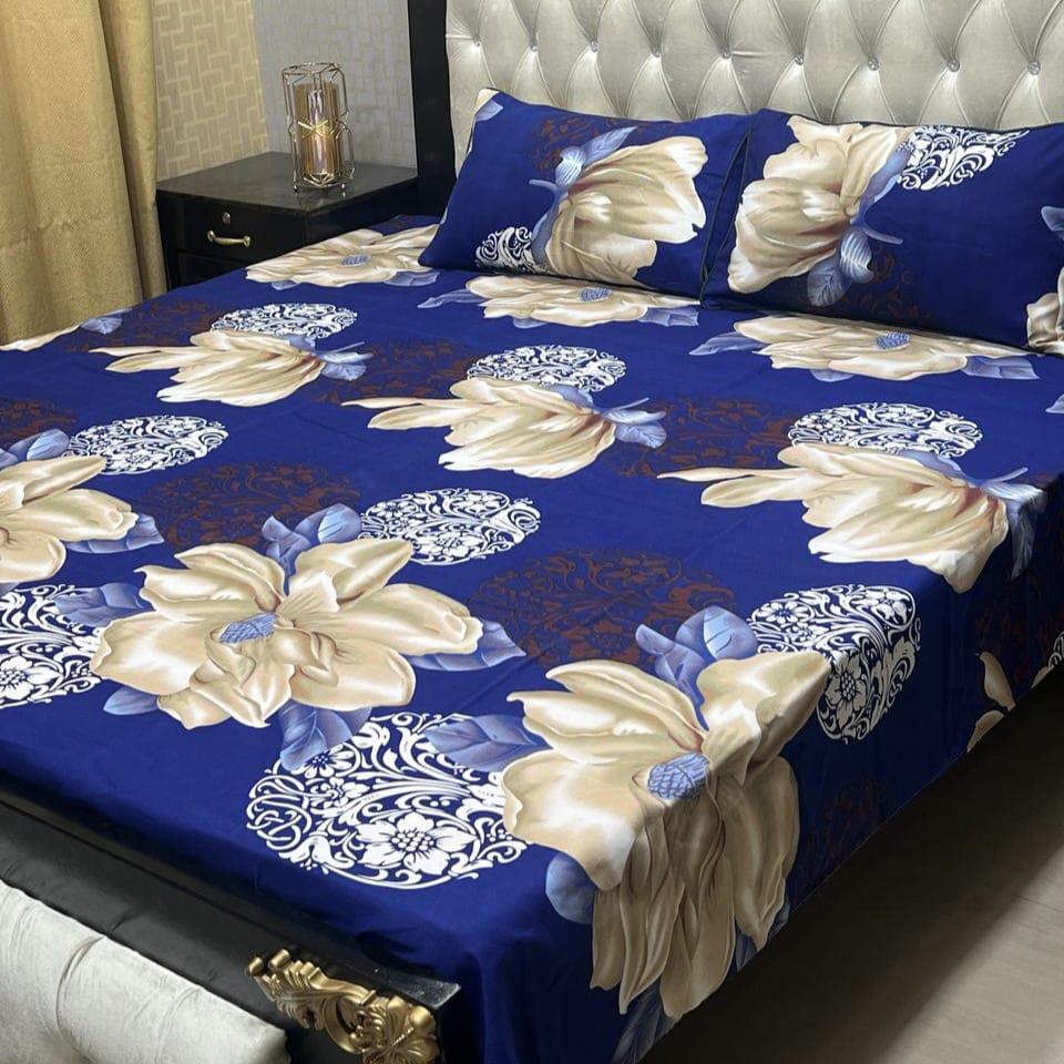 3 Pcs Crystal Cotton Printed Double Bedsheet