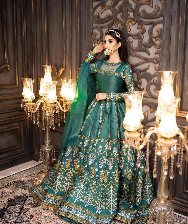 Elegant Green Embroidered Silk Maxi Suit - 3 Piece Set