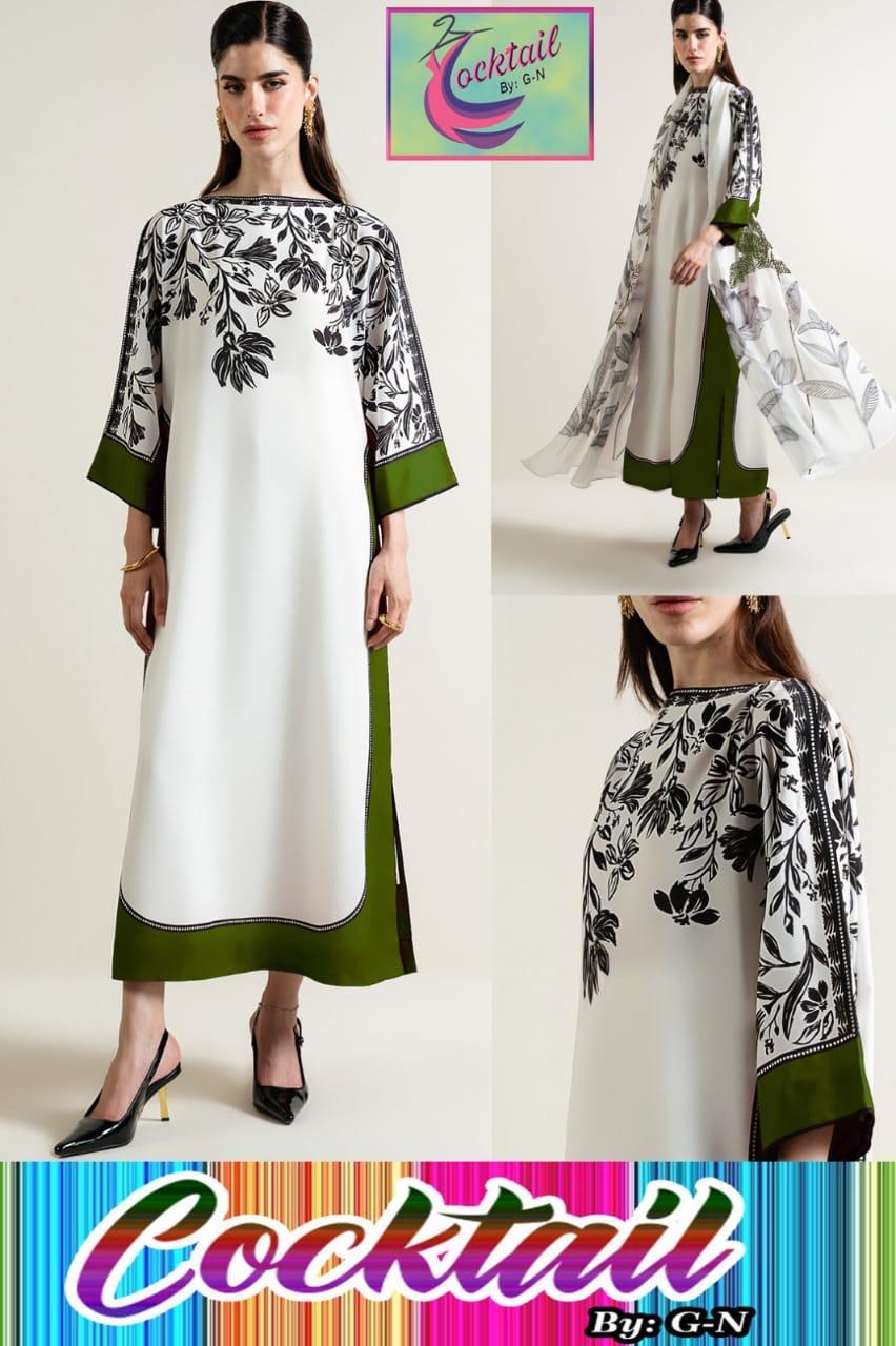 3 Pcs Women's Stitched Grip Silk Printed Kaftan Suit