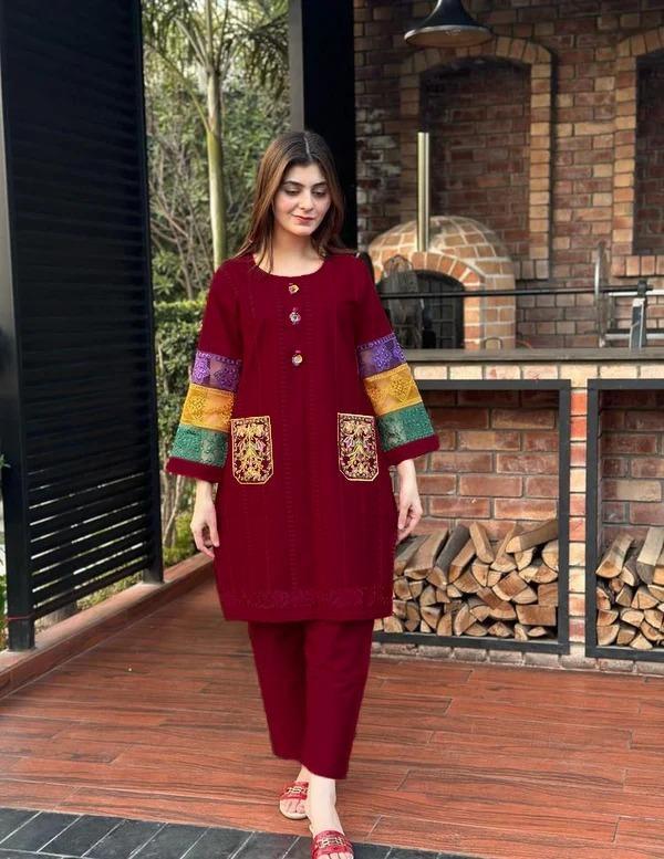 2 Pcs Women's Stitched Embroidered Shirt And Trouser