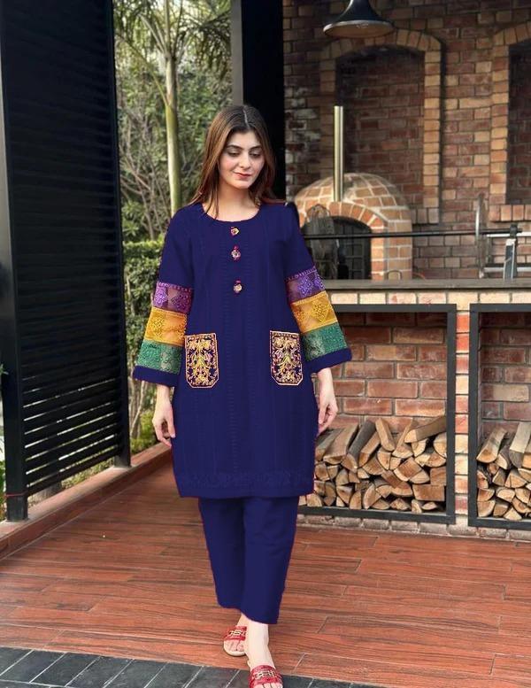 2 Pcs Women's Stitched Embroidered Shirt And Trouser