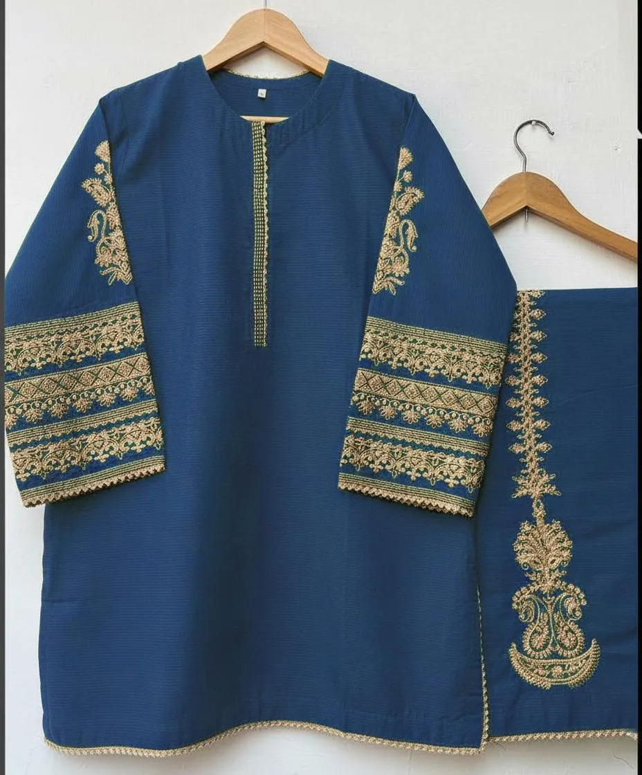 2 Pcs Women's Stitched Shamoz Silk Embroidered Shirt And Trouser