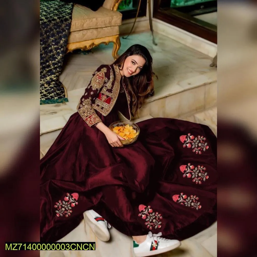 2 Pcs Women's Stitched Shamoz Silk Embroidered Maxi and Jacket