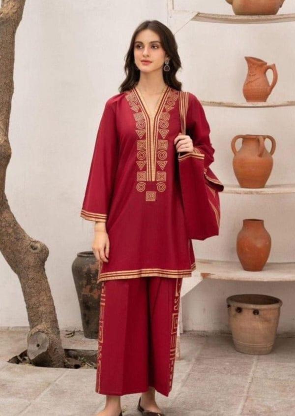 2 Pcs Women's Unstitched Dhanak Embroidered Suit