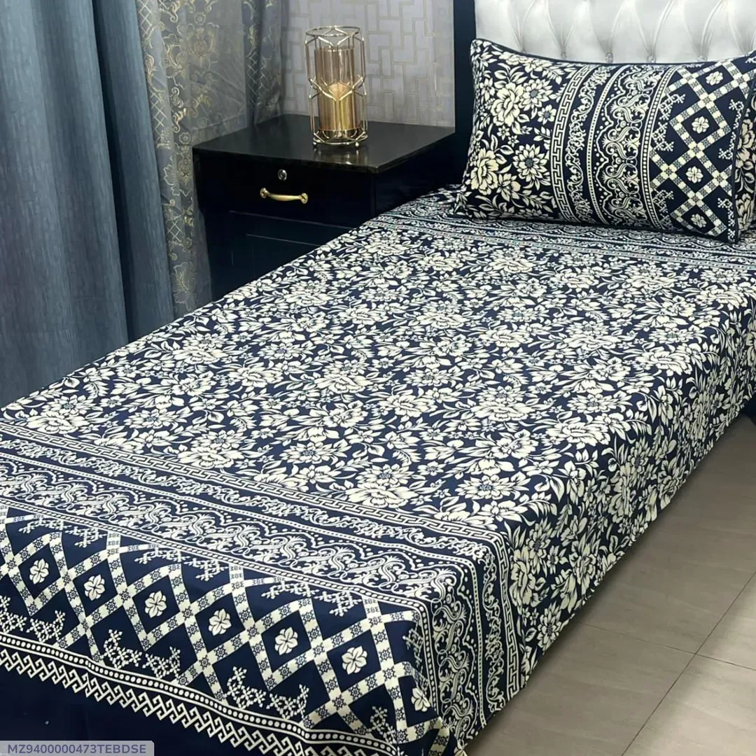 Blue Printed Crystal Cotton Single Bedsheet Set with Pillow Cover