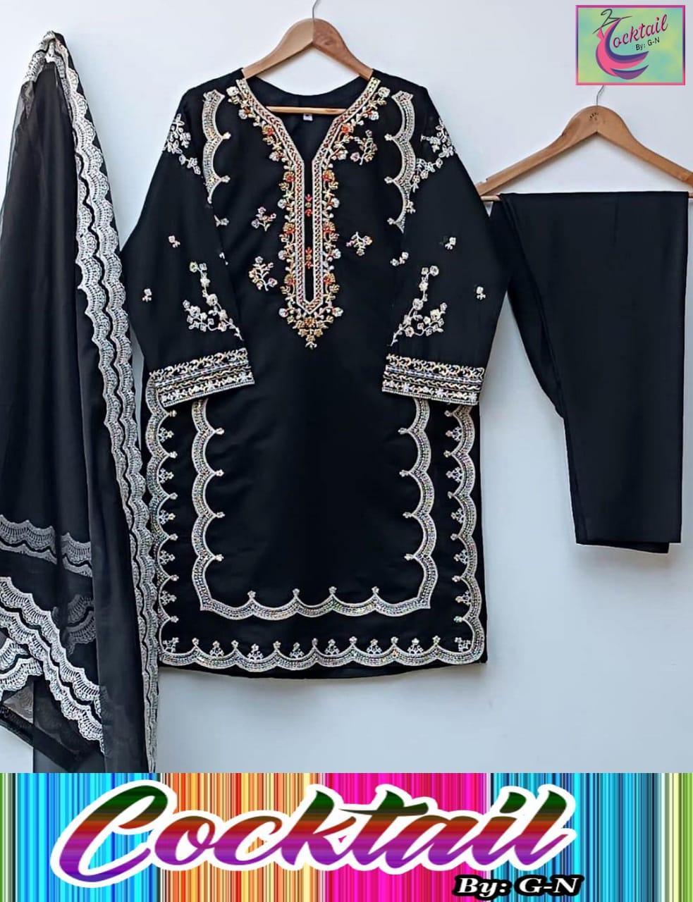 Elegant Women's Stitched Suit in Embroidered Shalmose Silk with V-Neck