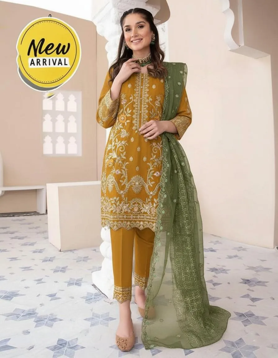 3 Pcs Women's Stitched Organza Embroidered Suit