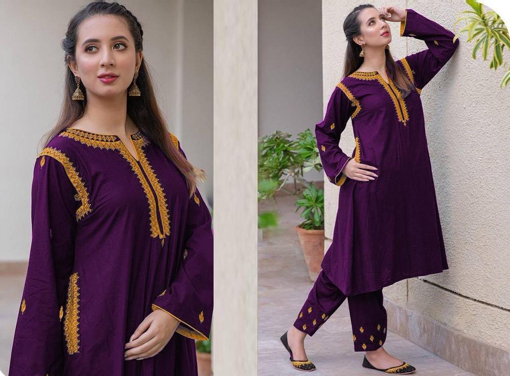 2 Pcs Women's Stitched Linen Embroidered Shirt And Trouser