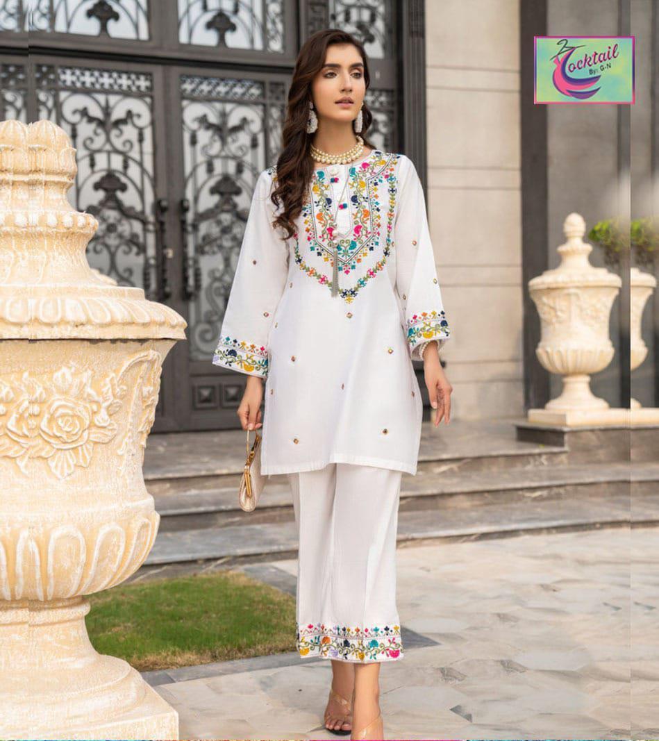 Chic White Embroidered Linen Shirt and Trouser Set for Women