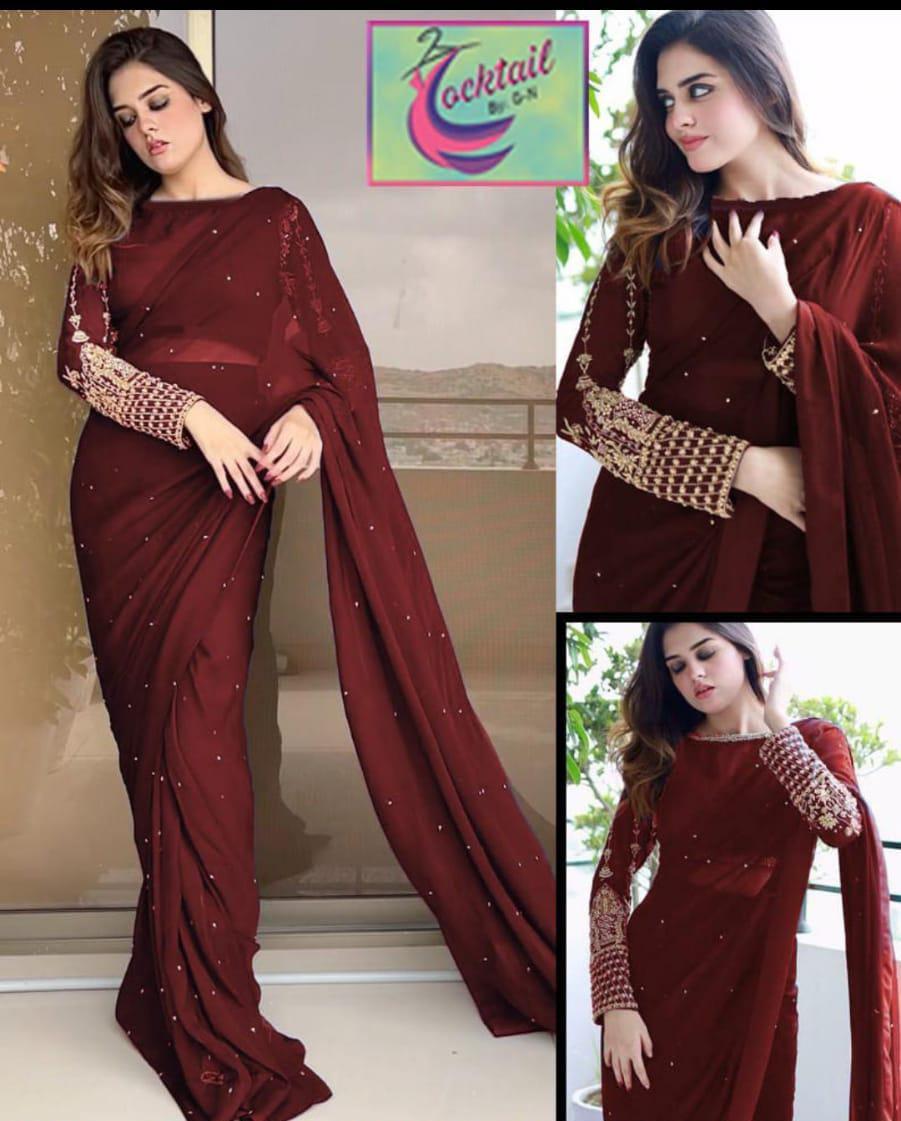 Stitched Red Crinkle Chiffon Saree Set with Sequins Embroidery – 3 Pcs Outfit
