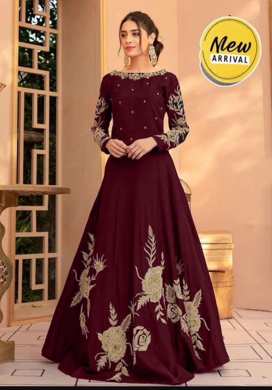 1 Pc Maroon Embroidered Shamoz Silk Maxi for Women