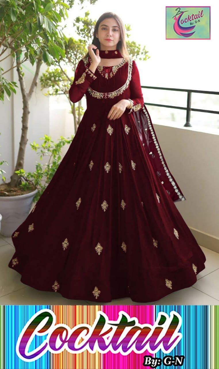 3 Pcs Women's Stitched Embroidered Chiffon Maxi with Dupatta - Maroon